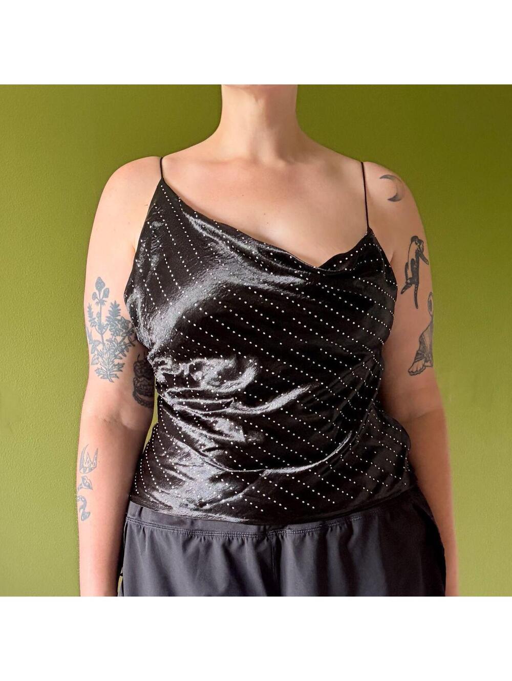 Zara Rhinestone Top Shiny Black Assumetrical Neck Spaghetti Strap Witchy Goth